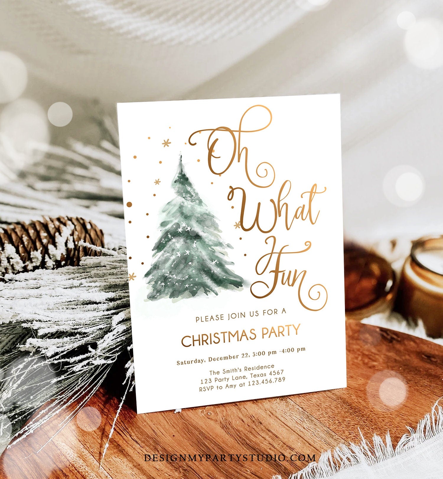 Editable Christmas Party Invitation Winter Tree Oh What Fun Holiday Party Birthday Evite Template Digital Download Printable 0363