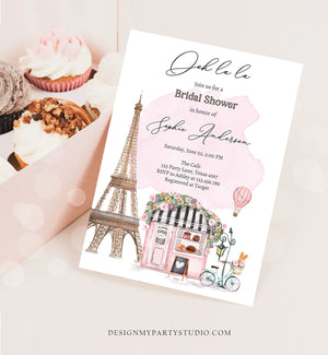 Editable Paris Bridal Shower Invitation French Patisserie Parisian Eiffel Tower Ooh La La Cafe Floral Printable Template Corjl Digital 0441
