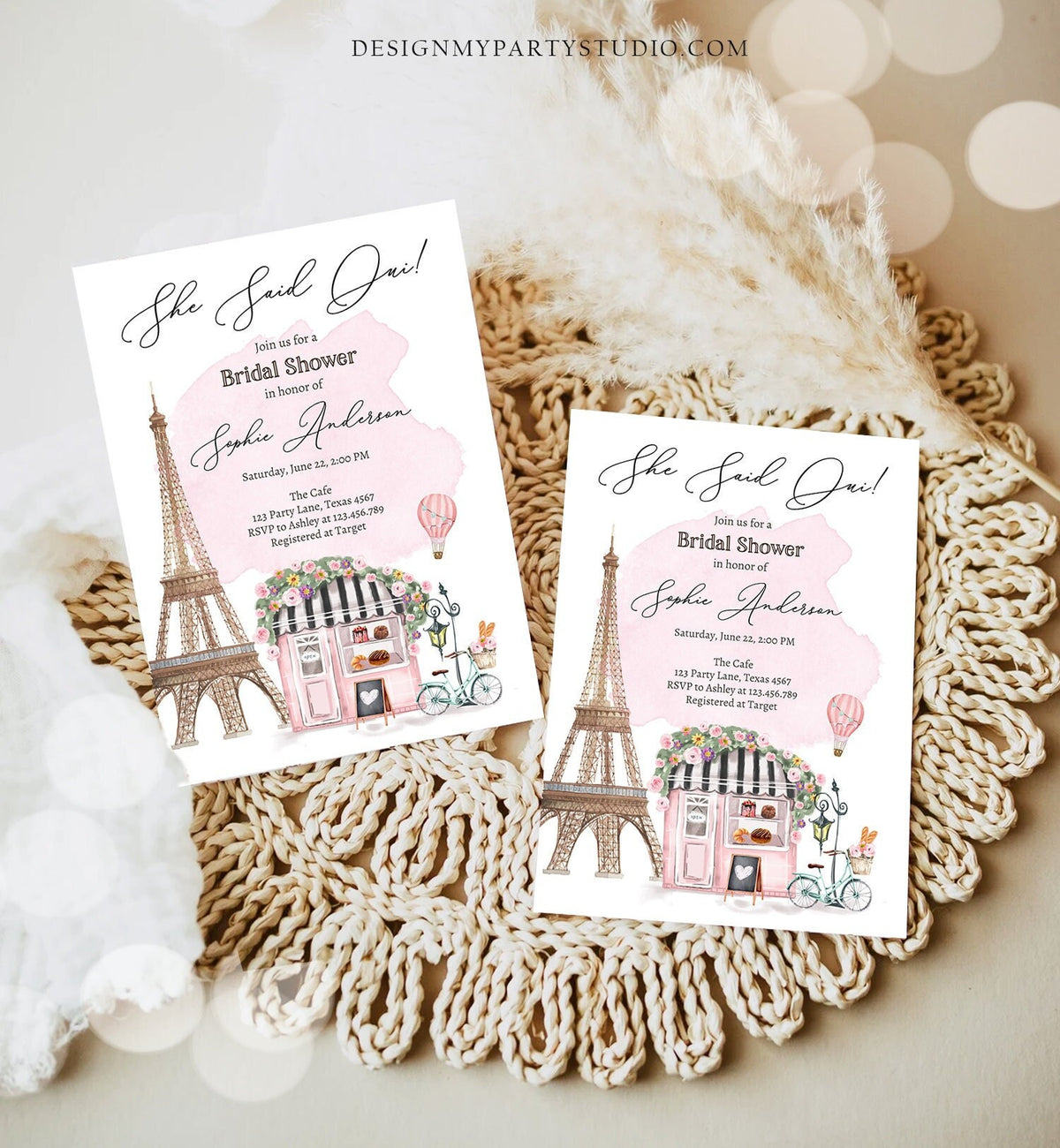 Editable Paris Bridal Shower Invitation She Said Oui French Patisserie Parisian Eiffel Tower Floral Digital Download Template Printable 0441