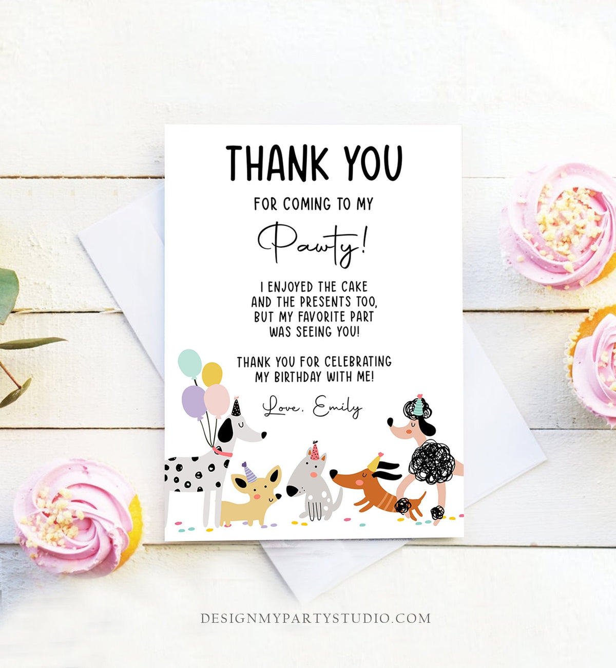 Editable Dog Birthday Thank You Card Puppy Birthday Invite Pink Girl Pawty Birthday Animal Pet Vet Digital Download Template Printable 0429