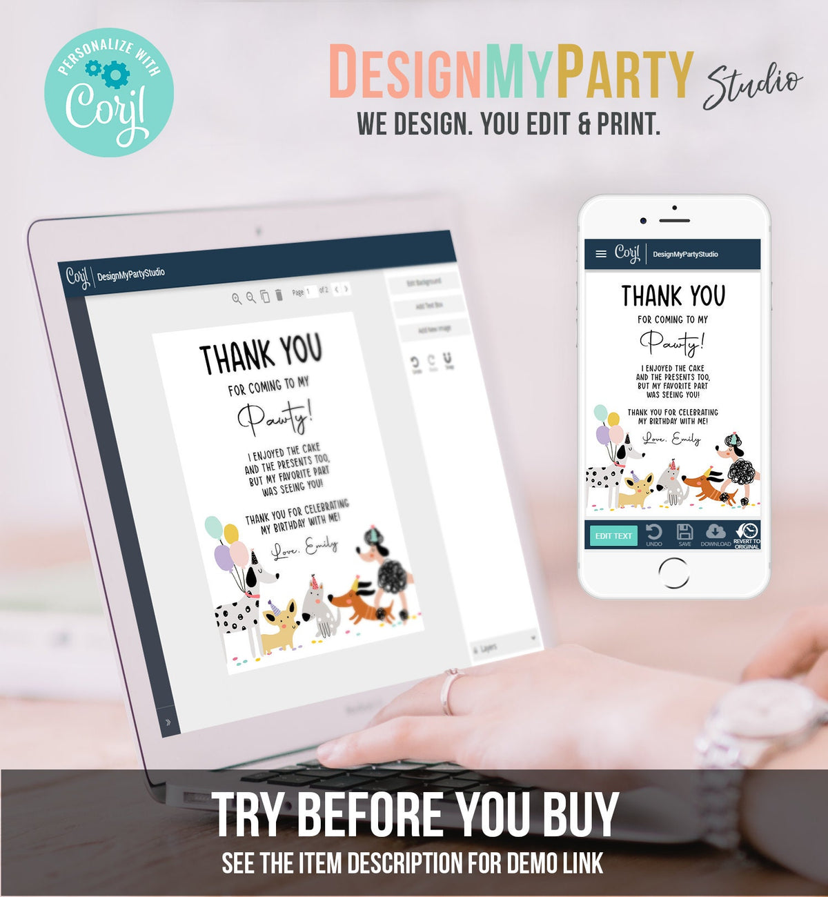 Editable Dog Birthday Thank You Card Puppy Birthday Invite Pink Girl Pawty Birthday Animal Pet Vet Digital Download Template Printable 0429