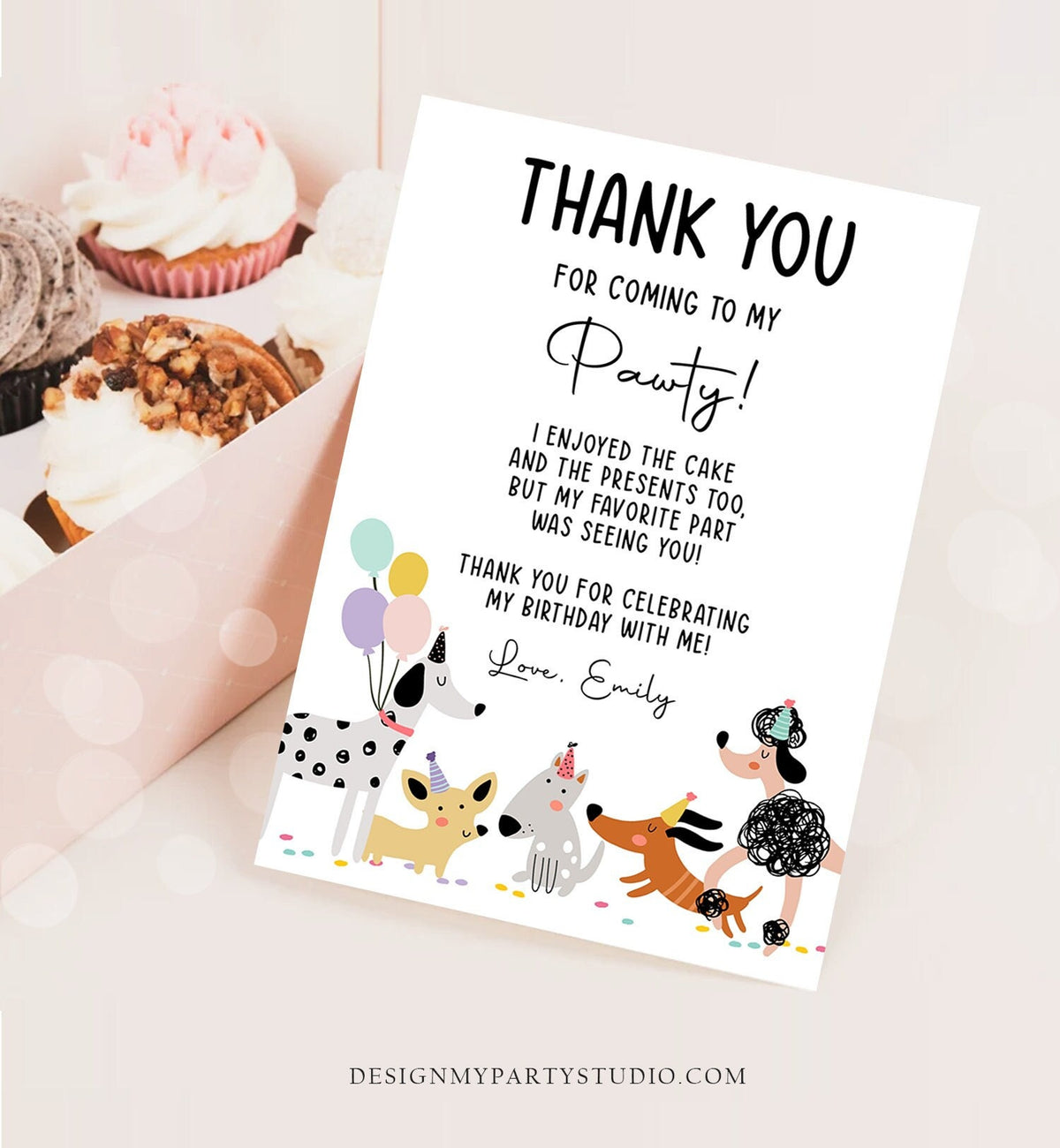 Editable Dog Birthday Thank You Card Puppy Birthday Invite Pink Girl Pawty Birthday Animal Pet Vet Digital Download Template Printable 0429