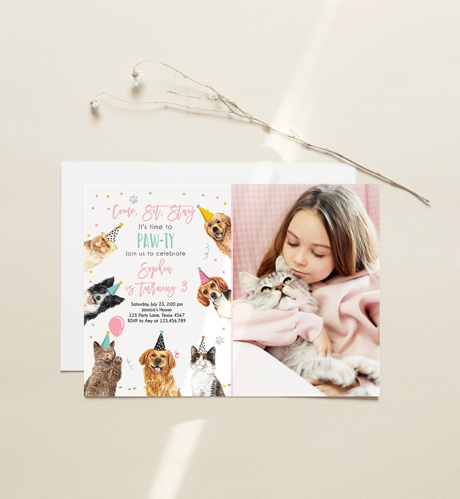 Editable Cats and Dogs Birthday Invitation Cat Dog Birthday Party Invite Girl Kitten Puppy Pawty Digital Download Template Printable 0384
