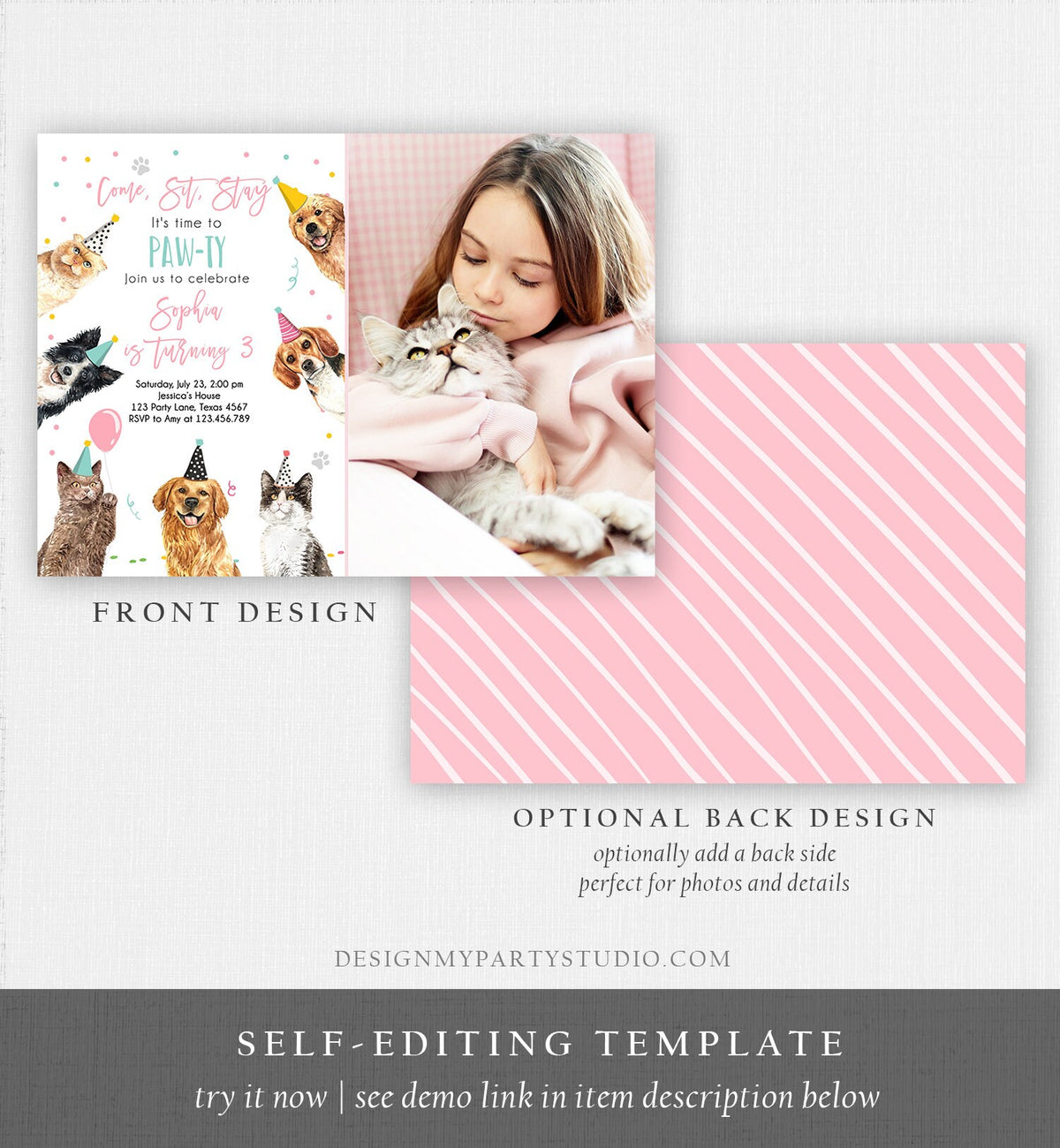 Editable Cats and Dogs Birthday Invitation Cat Dog Birthday Party Invite Girl Kitten Puppy Pawty Digital Download Template Printable 0384