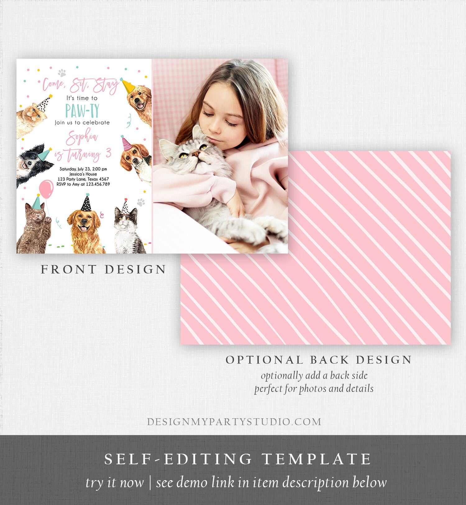 Editable Cats and Dogs Birthday Invitation Cat Dog Birthday Party Invite Girl Kitten Puppy Pawty Digital Download Template Printable 0384