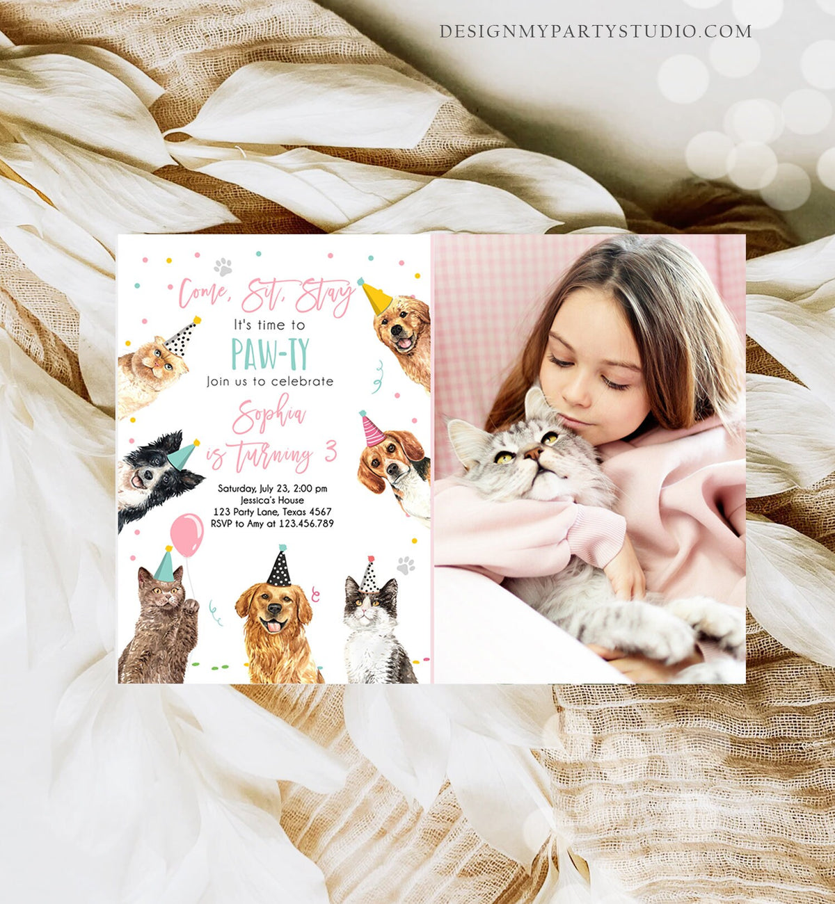Editable Cats and Dogs Birthday Invitation Cat Dog Birthday Party Invite Girl Kitten Puppy Pawty Digital Download Template Printable 0384