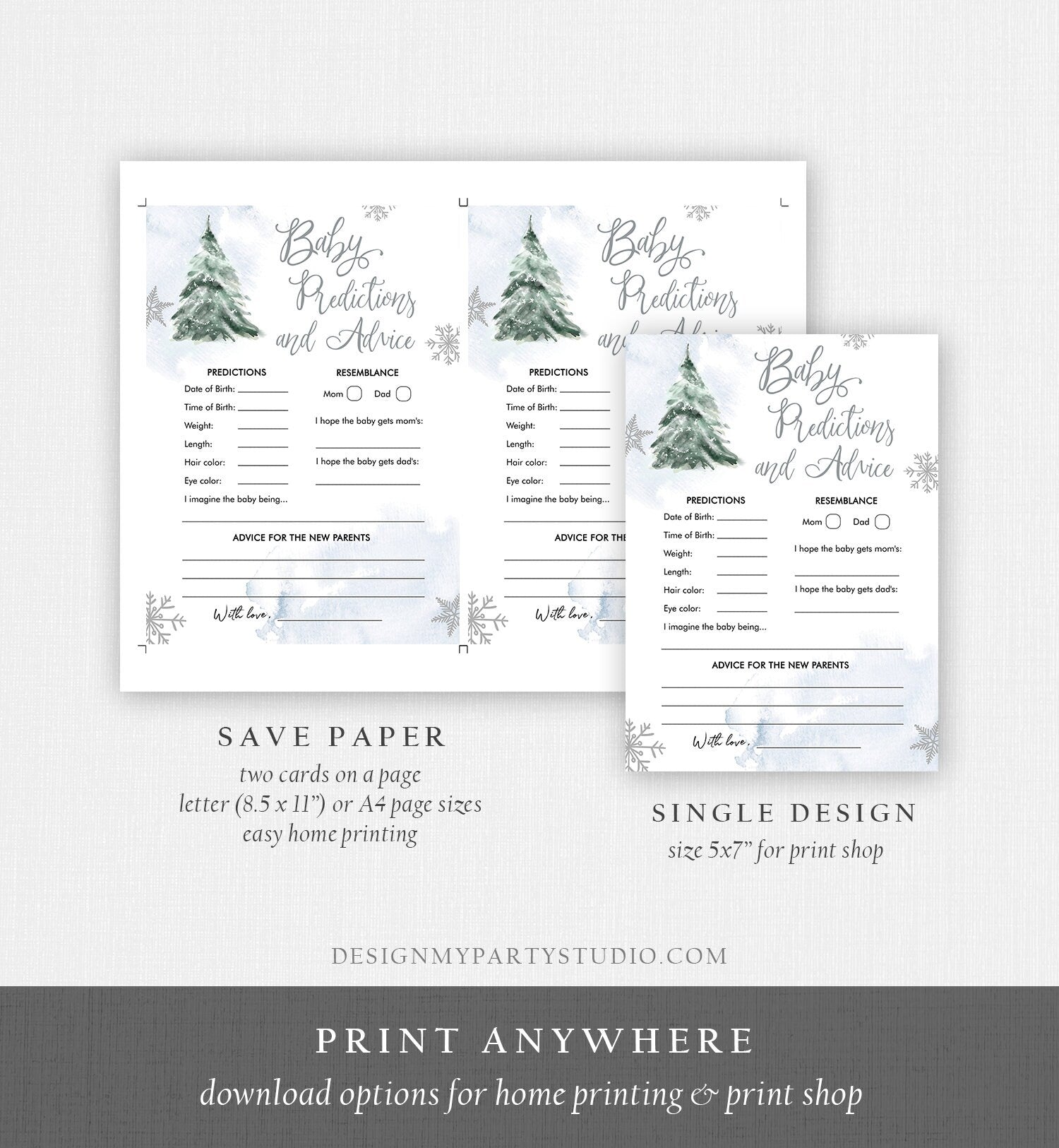 Editable Baby Predictions Baby Shower Game Advice for Parents Winter Cold Outside Shower Snowflake Boy Blue Digital Template Printable 0363