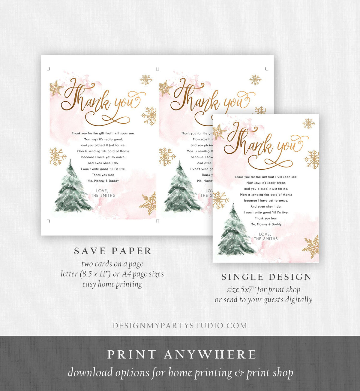 Editable Winter Tree Thank You Card Watercolor Baby Its Cold Outside Baby Shower Pink Girl Gold Neutral Snow Digital Template Printable 0363