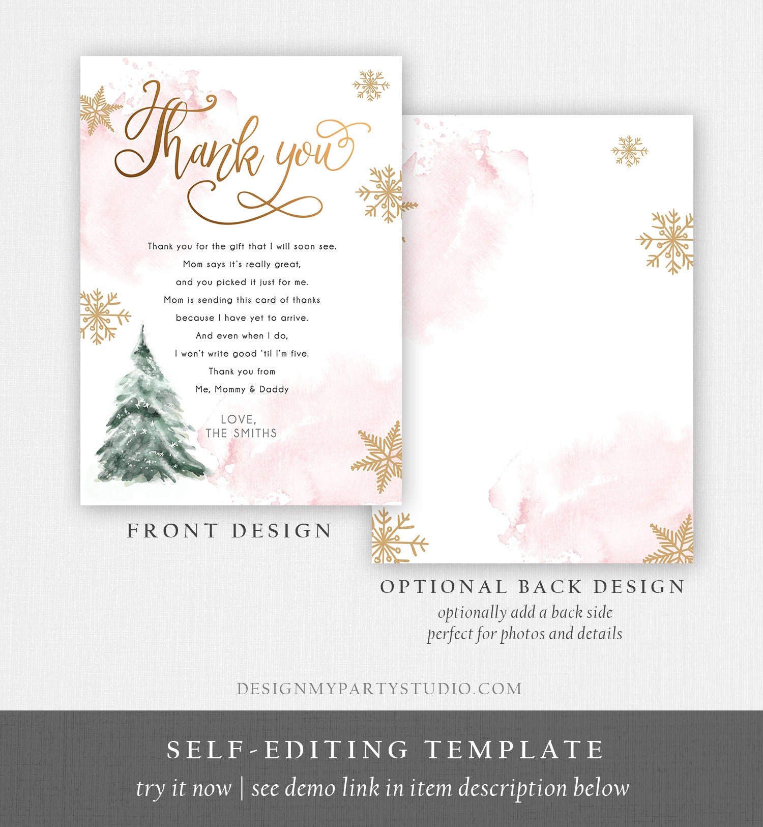 Editable Winter Tree Thank You Card Watercolor Baby Its Cold Outside Baby Shower Pink Girl Gold Neutral Snow Digital Template Printable 0363