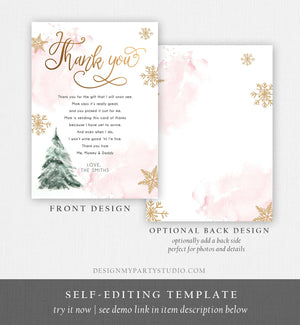 Editable Winter Tree Thank You Card Watercolor Baby Its Cold Outside Baby Shower Pink Girl Gold Neutral Snow Template Download Corjl 0363