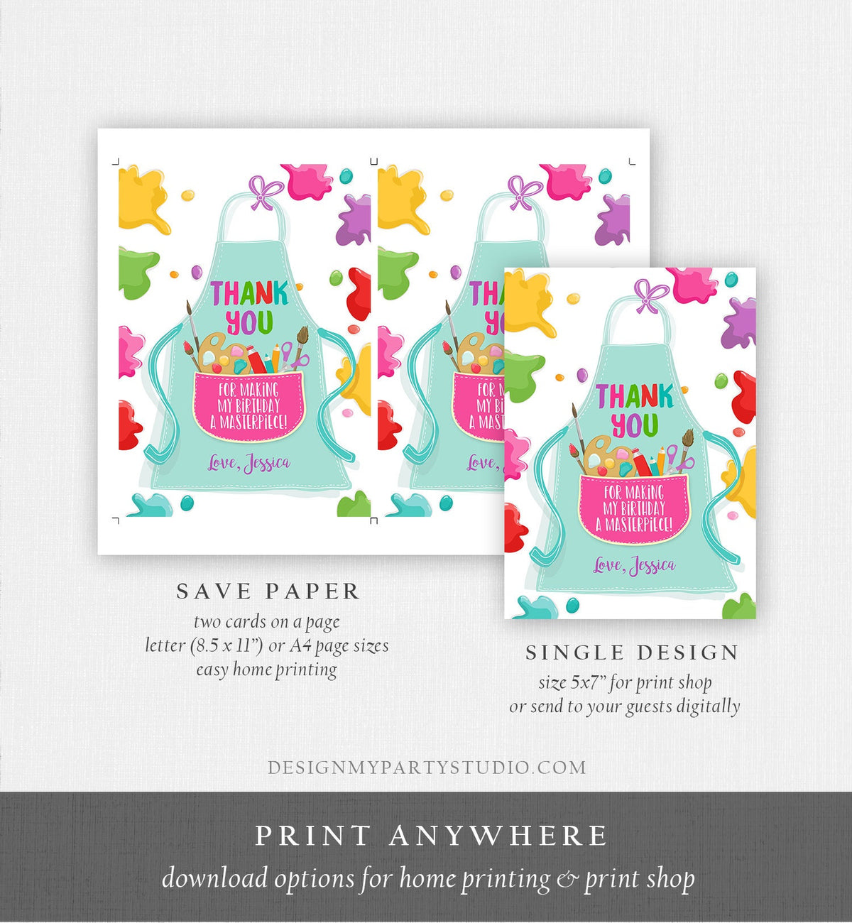 Editable Art Party Thank You Card Girl Boy Birthday Painting Crafting Party Paint Craft Apron Arts Digital Download Template Printable 0319