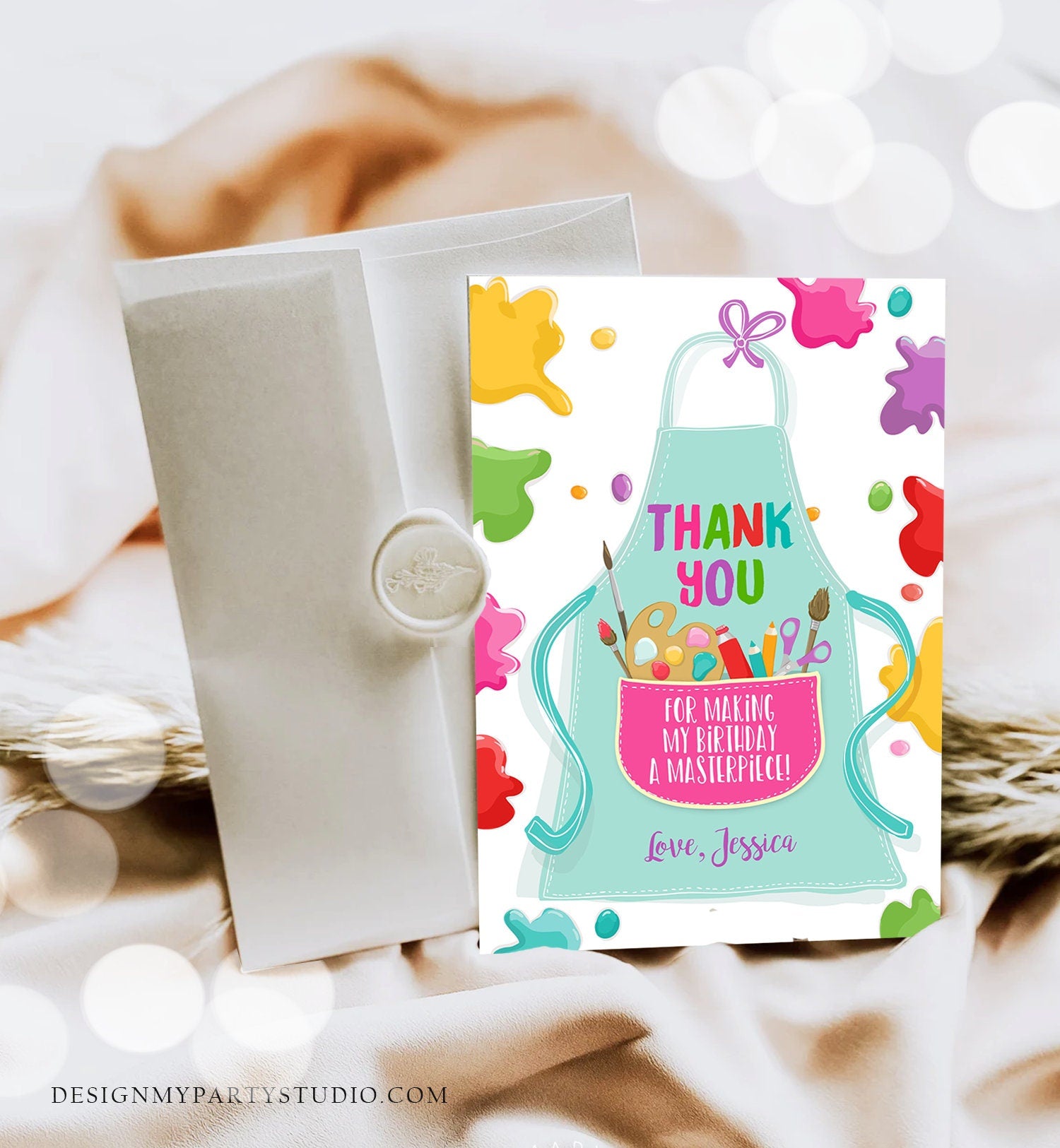 Editable Art Party Thank You Card Girl Boy Birthday Painting Crafting Party Paint Craft Apron Arts Digital Download Template Printable 0319
