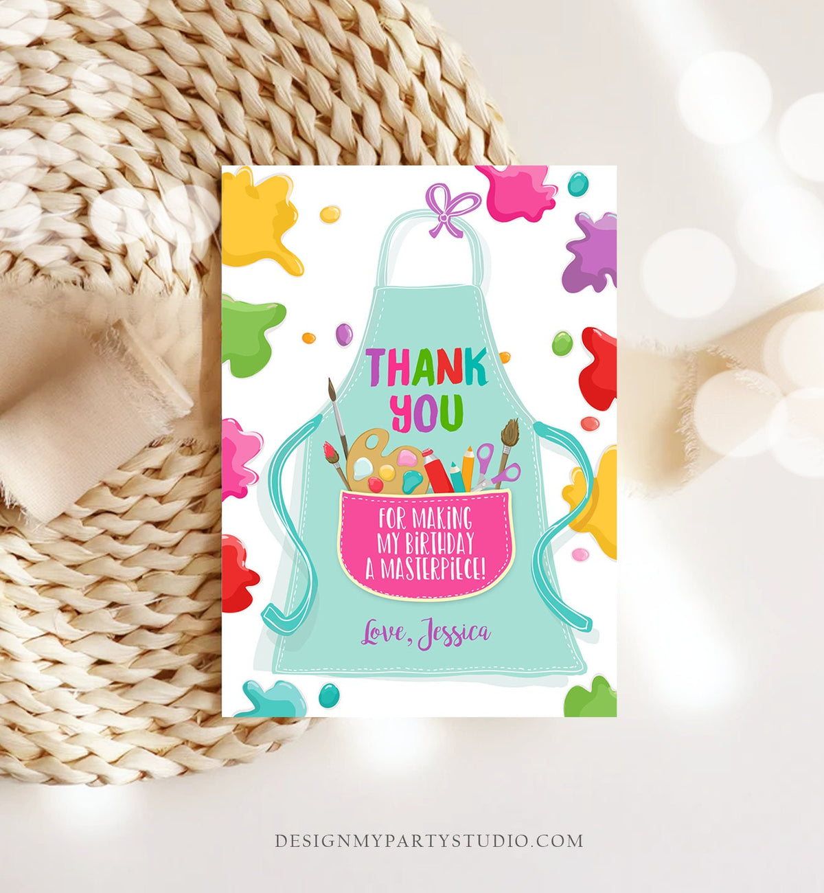 Editable Art Party Thank You Card Girl Boy Birthday Painting Crafting Party Paint Craft Apron Arts Digital Download Template Printable 0319