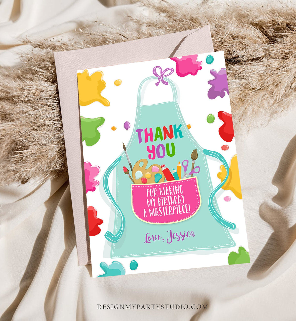 Editable Art Party Thank You Card Girl Boy Birthday Painting Crafting Party Paint Craft Apron Arts Digital Download Template Printable 0319