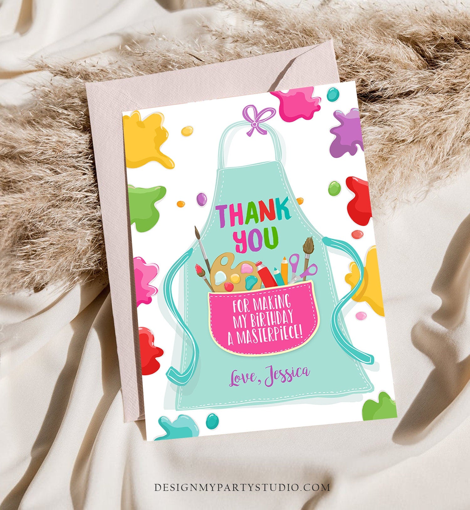 Editable Art Party Thank You Card Girl Boy Birthday Painting Crafting Party Paint Craft Apron Arts Digital Download Template Printable 0319