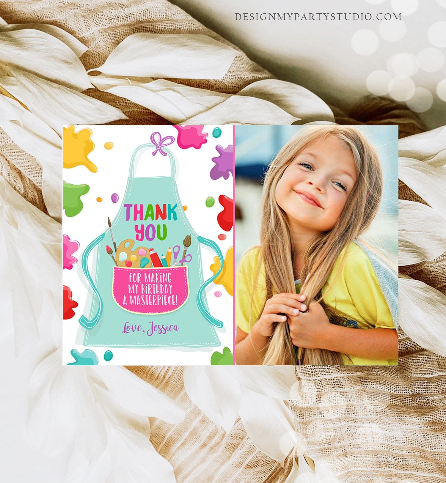 Editable Art Party Thank You Card Girl Boy Birthday Painting Crafting Party Paint Craft Apron Arts Digital Download Template Printable 0319