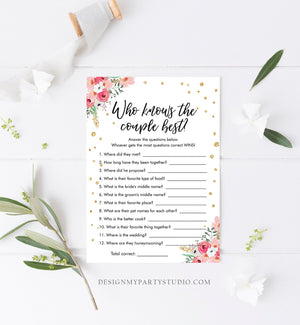 Editable Who Know's Couple Best Bridal Shower Game Floral Wedding Shower Activity Pink Gold Flowers Travel Corjl Template Printable 0030