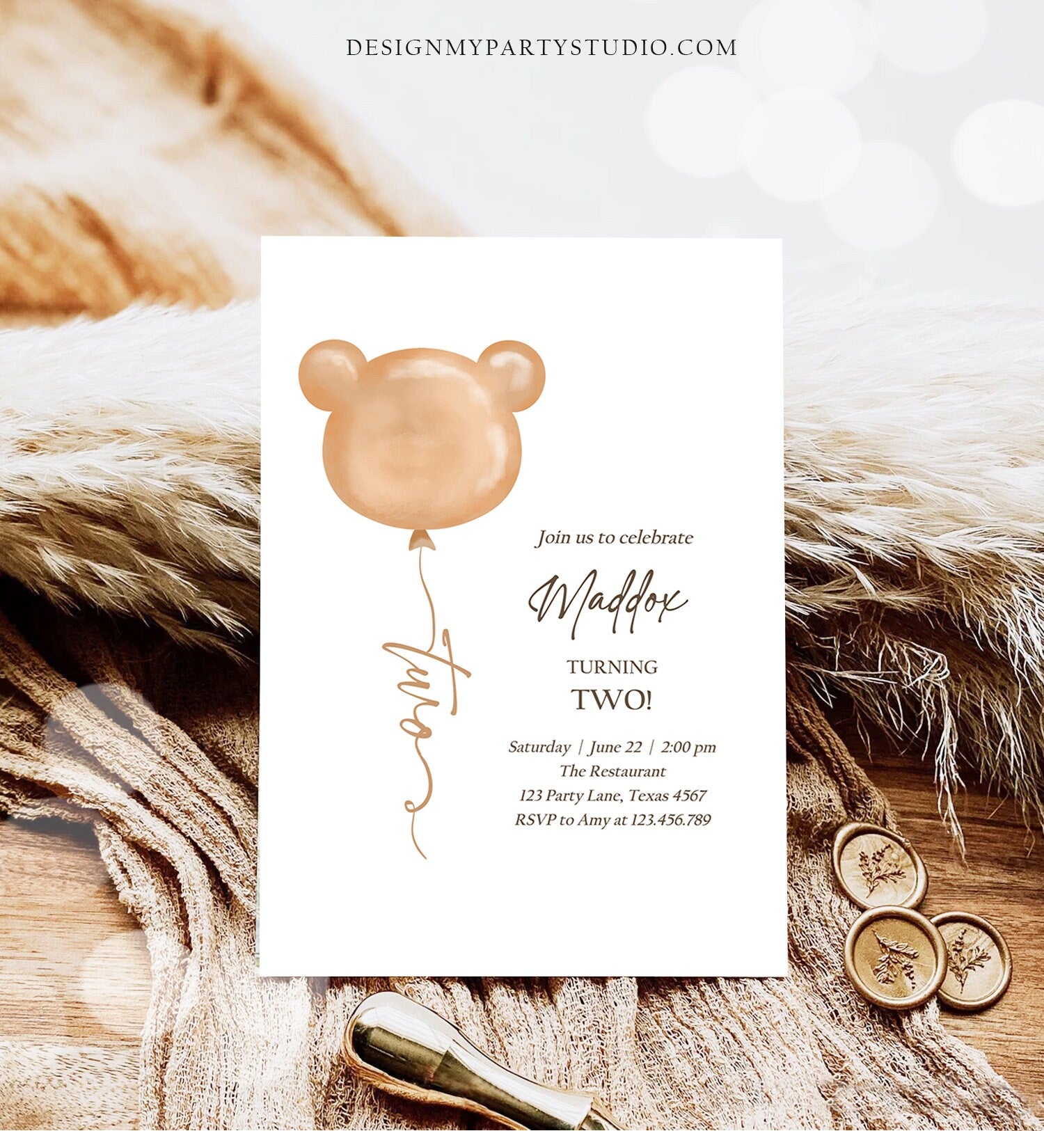 Editable Bear Birthday Invitation 2nd Birthday Bear Balloon Teddy Bears Picnic Neutral Boho Printable Template Instant Download Corjl 0439