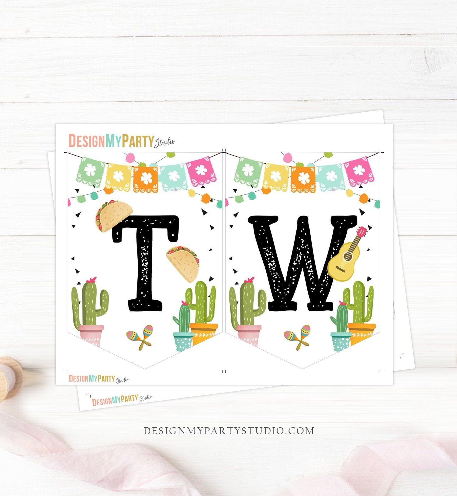 TWO Fiesta High Chair Banner Girl Second Birthday 2nd Chair Banner Taco Twosday Mexican Pink Cactus Cinco de Mayo Digital Printable 0161