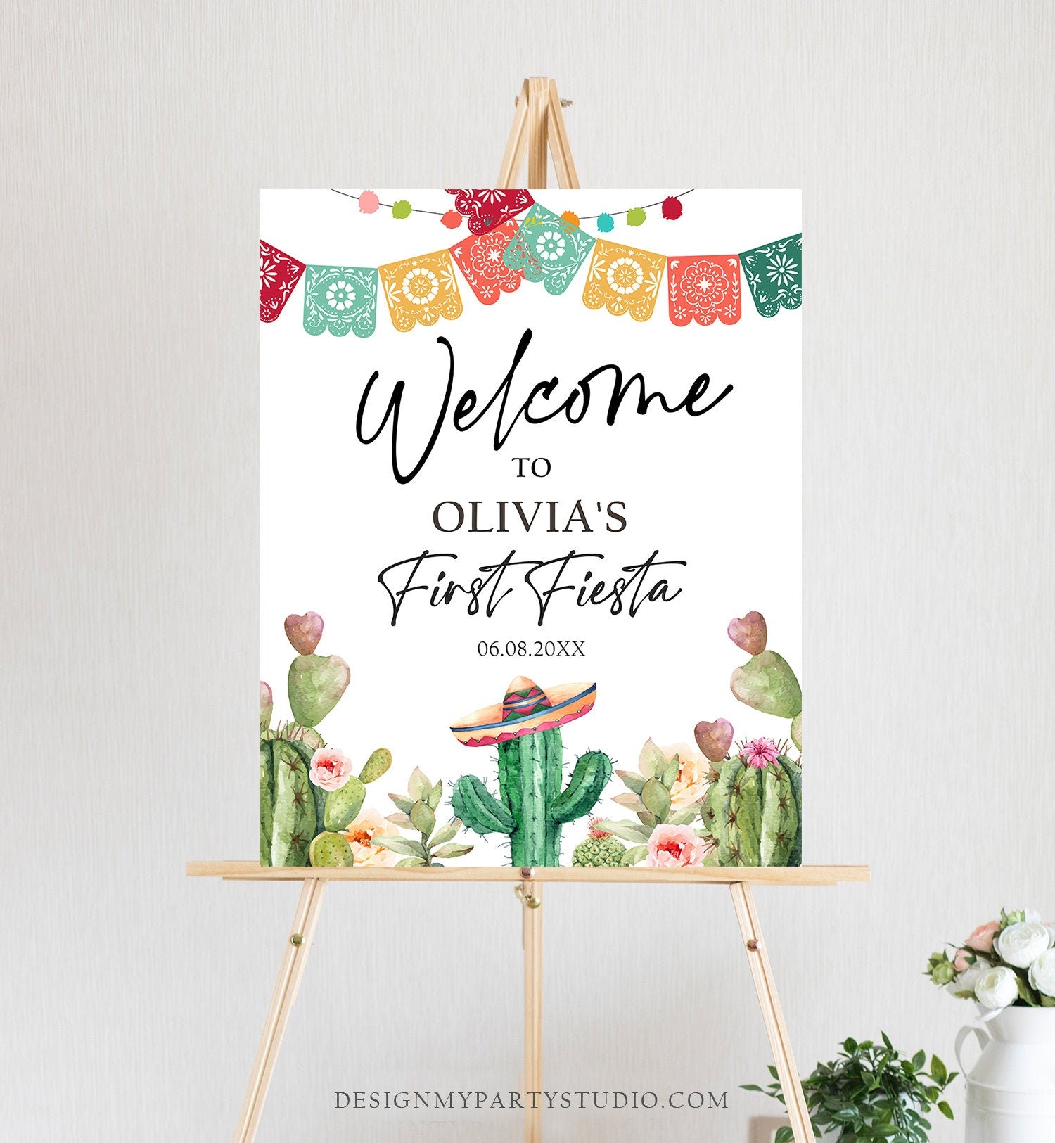 Editable Fiesta Cactus Welcome Sign First Fiesta Birthday Welcome Desert Mexican Succulent 1st Succulent Corjl Template Printable 0404