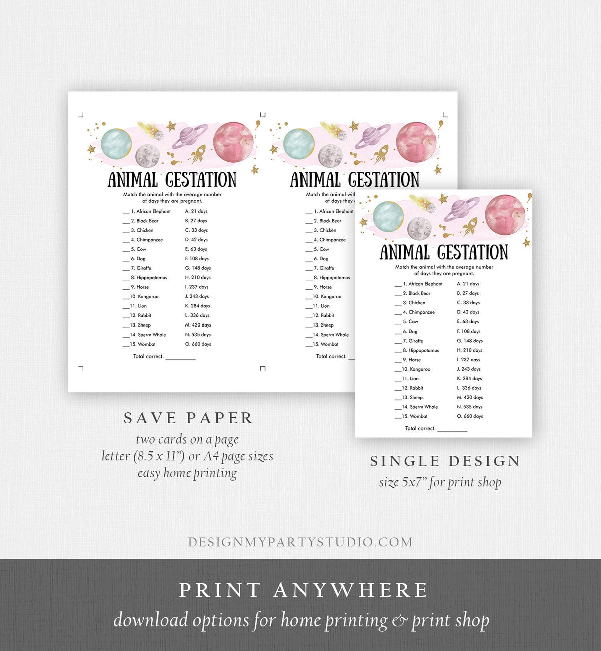 Editable Animal Gestation Baby Shower Game Card Outer Space Planets Galaxy Girl Pregnancy Activity Digital Download Template Printable 0357