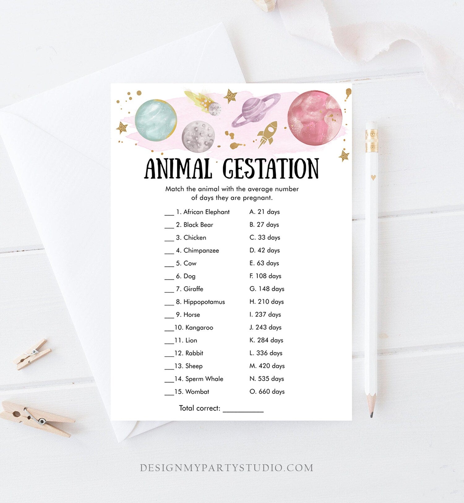Editable Animal Gestation Baby Shower Game Card Outer Space Planets Galaxy Girl Pregnancy Activity Printable Download Template Corjl 0357