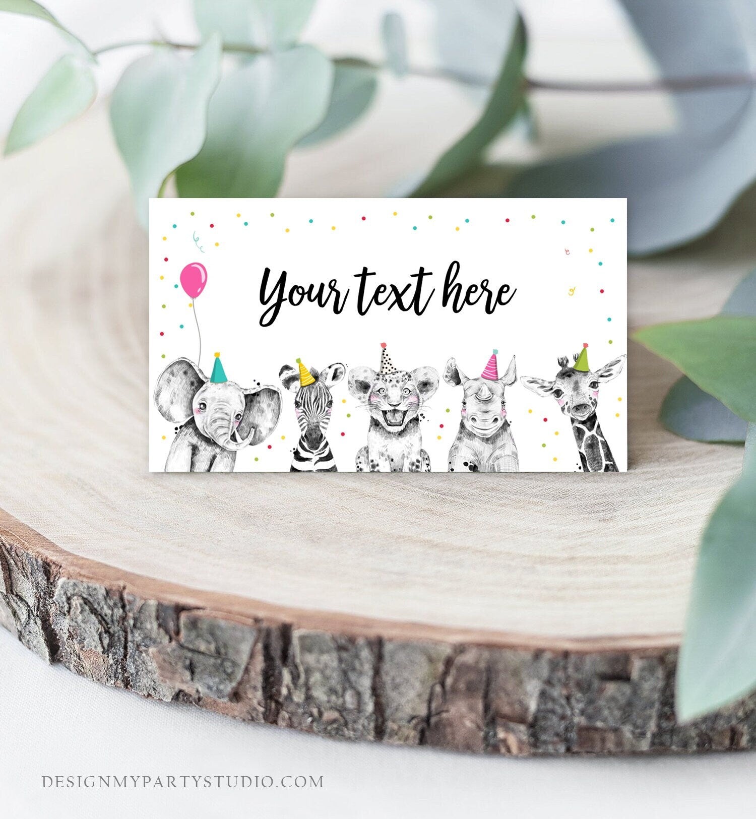 Editable Party Animals Food Labels Wild One Pink Girl Safari Animals Birthday Place Card Tent Card Escort Card Template Printable 0390
