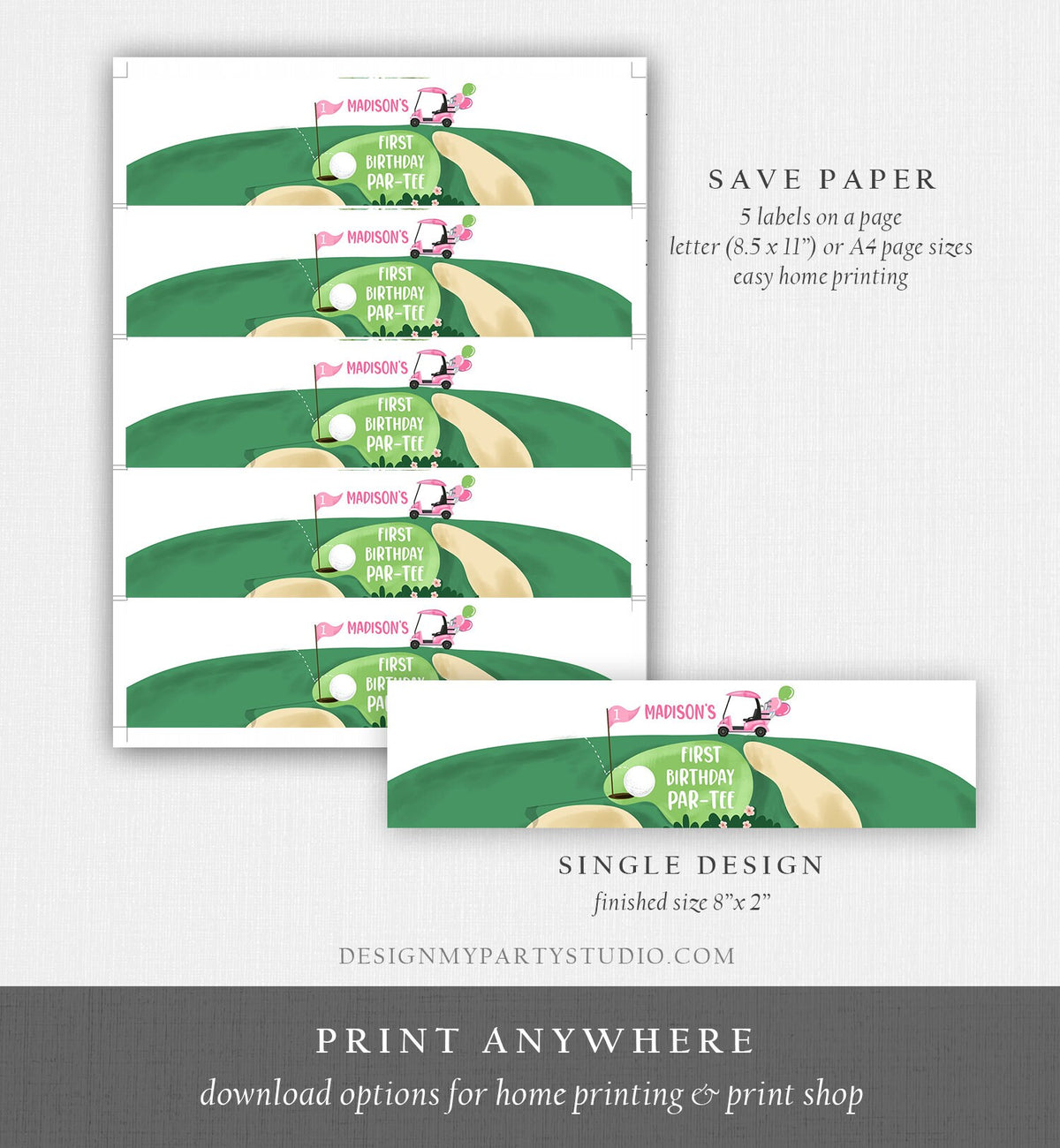 Editable Golf Water Bottle Label Golf Birthday Party Hole in One Decor Girl Par-tee Golfing Pink Bottle Wrap Digital Template Printable 0405