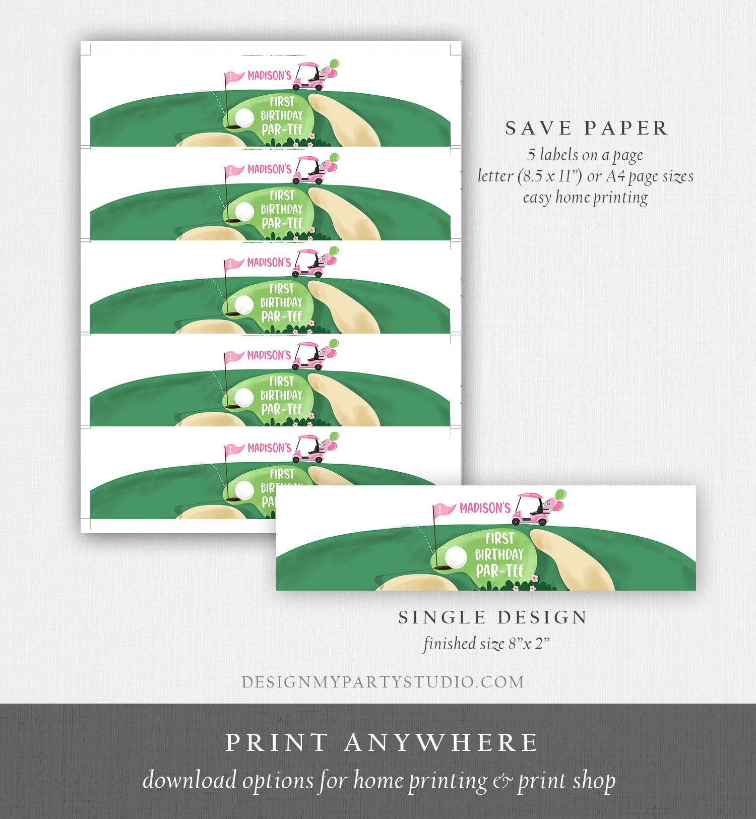 Editable Golf Water Bottle Label Golf Birthday Party Hole in One Decor Girl Par-tee Golfing Pink Bottle Wrap Digital Template Printable 0405