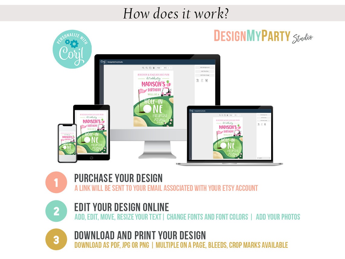 Hole in One Birthday Invitation Bundle Golf First Birthday Par-tee Girl Golfing Party Pack One Invite Digital Printable Corjl Template 0405