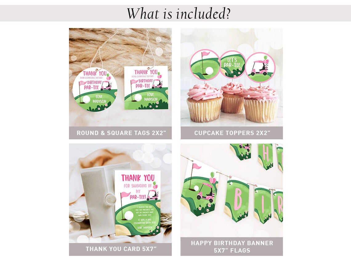 Hole in One Birthday Invitation Bundle Golf First Birthday Par-tee Girl Golfing Party Pack One Invite Digital Printable Corjl Template 0405
