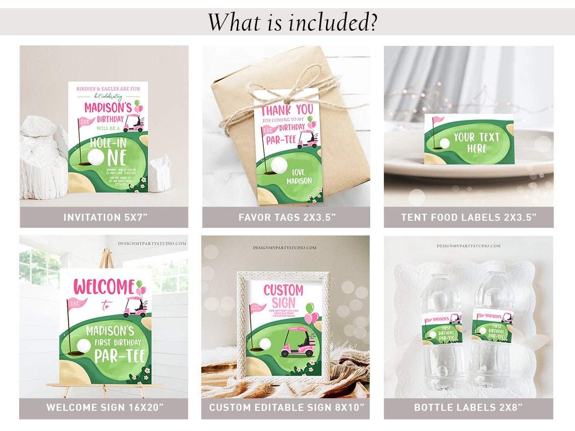 Hole in One Birthday Invitation Bundle Golf First Birthday Par-tee Girl Golfing Party Pack One Invite Digital Printable Corjl Template 0405