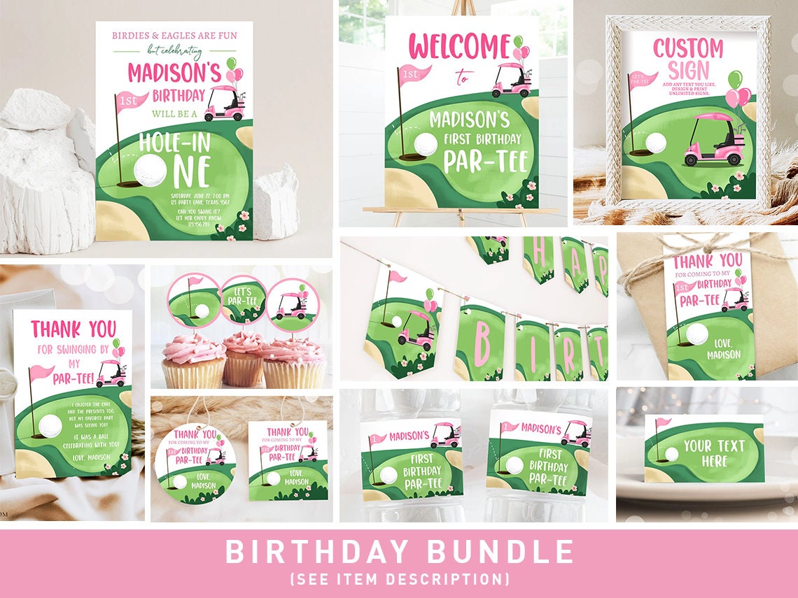 Hole in One Birthday Invitation Bundle Golf First Birthday Par-tee Girl Golfing Party Pack One Invite Digital Printable Corjl Template 0405