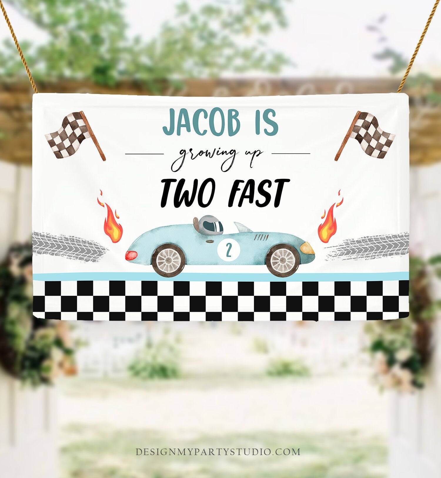 Editable Racing Car Backdrop Banner Growing Up Two Fast Birthday Boy 2nd Second 2 Fast Boy Instant Download Corjl Template Printable 0424