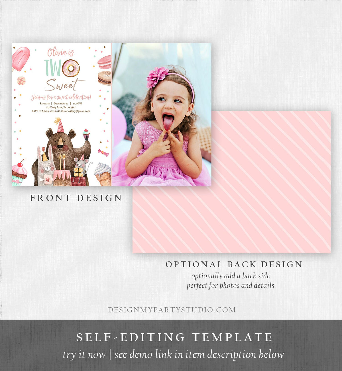 Editable Two Sweet Birthday Invitation Second Birthday Party Girl Donut Ice Cream Animals Digital Download Evite Template Printable 0373