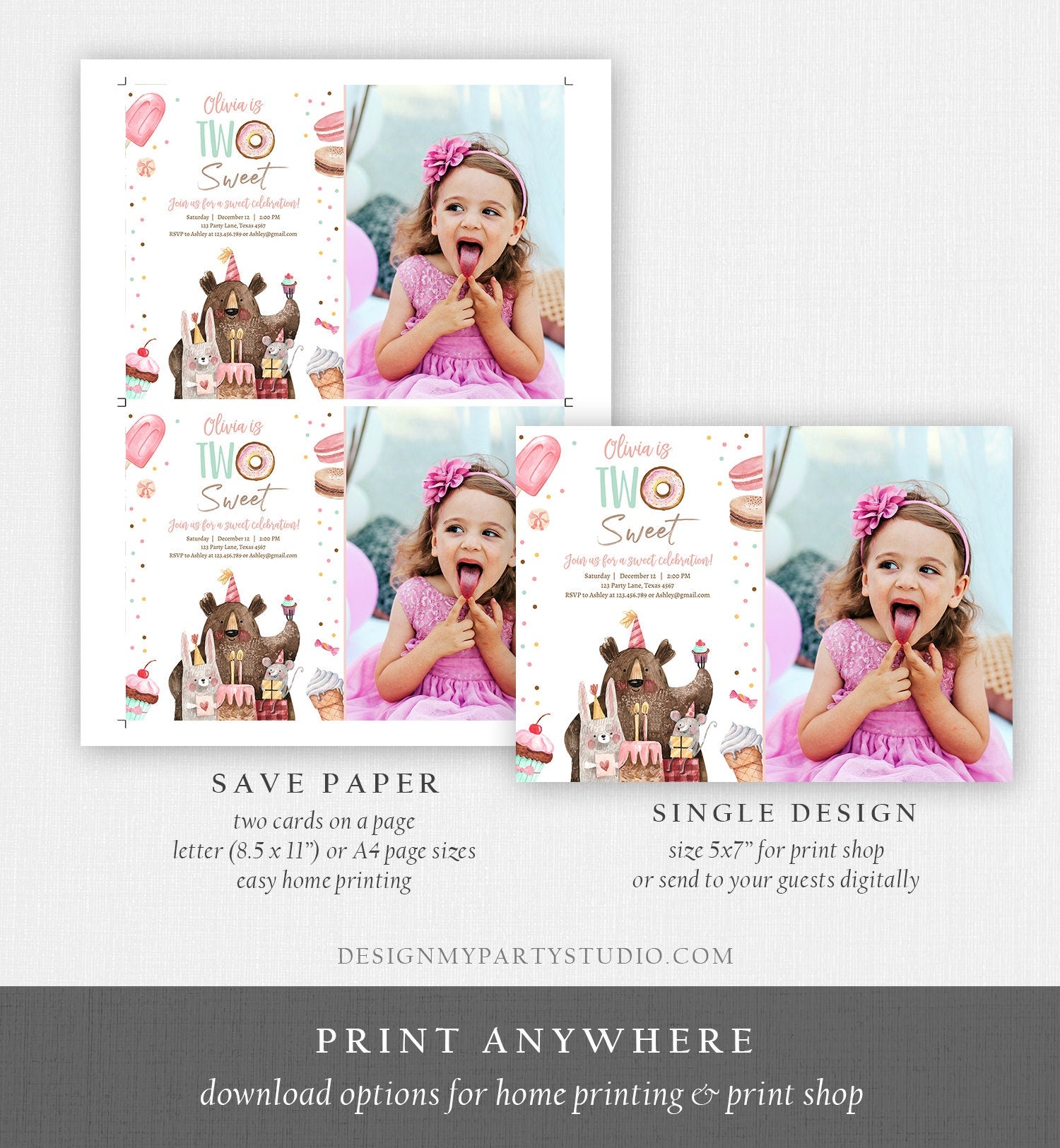 Editable Two Sweet Birthday Invitation Second Birthday Party Girl Donut Ice Cream Animals Digital Download Evite Template Printable 0373