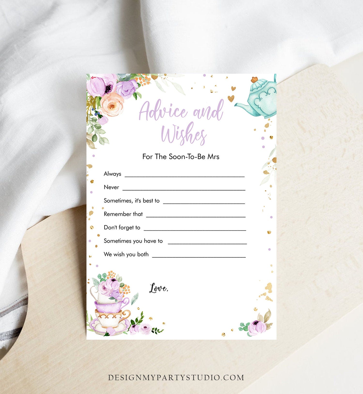 Editable Advice and Wishes Card Bridal Shower Tea Party Love is Brewing Advice For The Soon To Be Mrs Bride Corjl Template Printable 0349