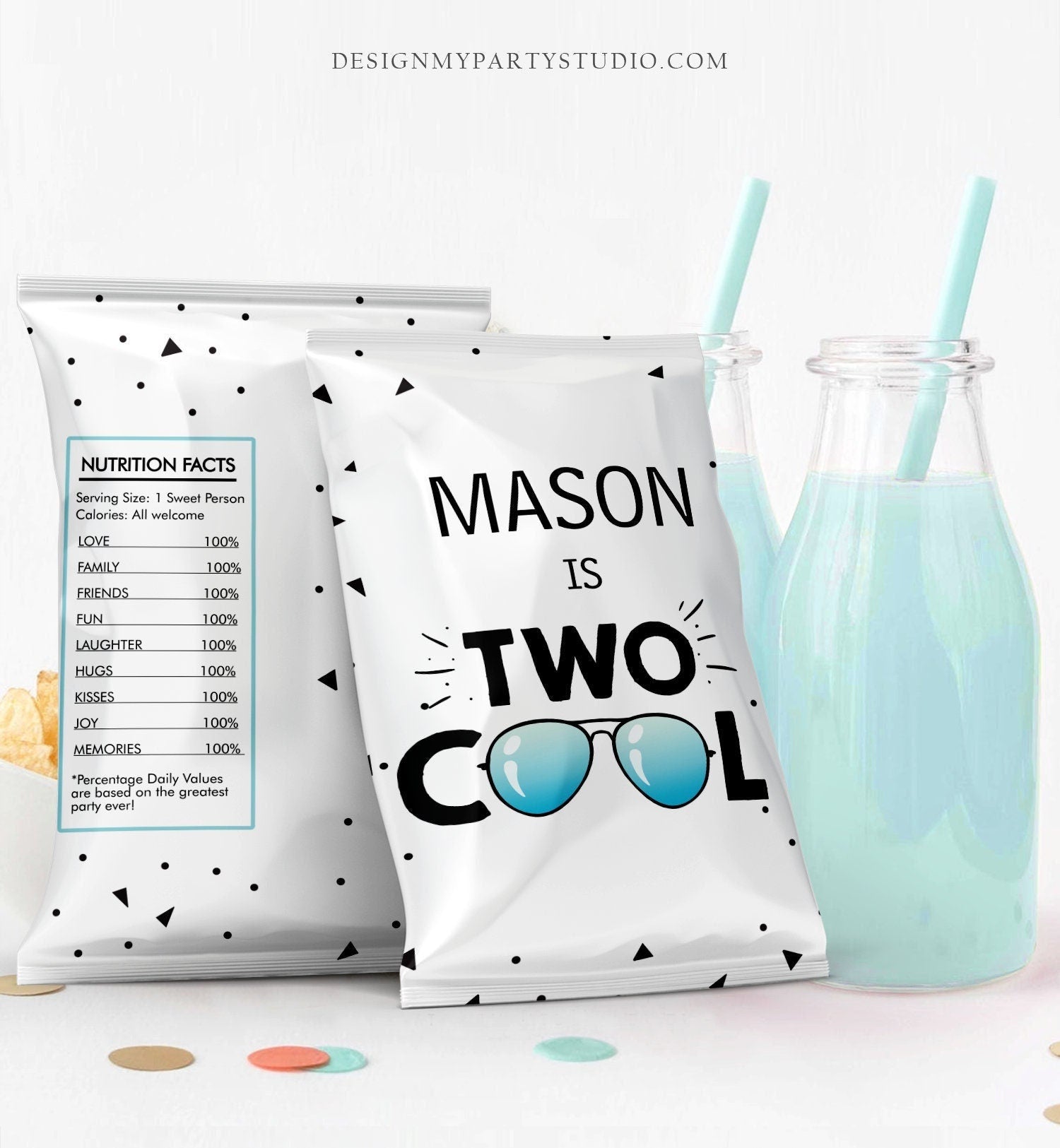 Editable Two Cool Chip Bag Boy 2nd Birthday Party Decor Boy Two Cool Birthday Favors I'm This Many Sunglasses Digital Corjl Template 0136