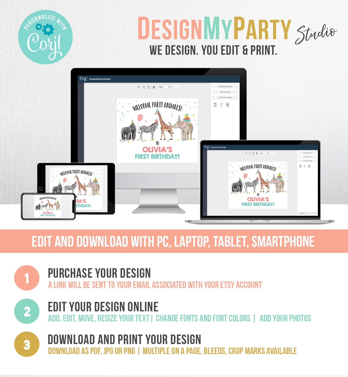 Editable Party Animals Welcome Sign Party Animal Sign Zoo Safari Welcome Jungle Sign Birthday Animals Girl Template PRINTABLE Corjl 0142