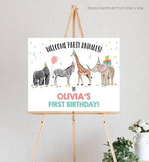 Editable Party Animals Welcome Sign Party Animal Sign Zoo Safari Welcome Jungle Sign Birthday Animals Girl Template PRINTABLE Corjl 0142