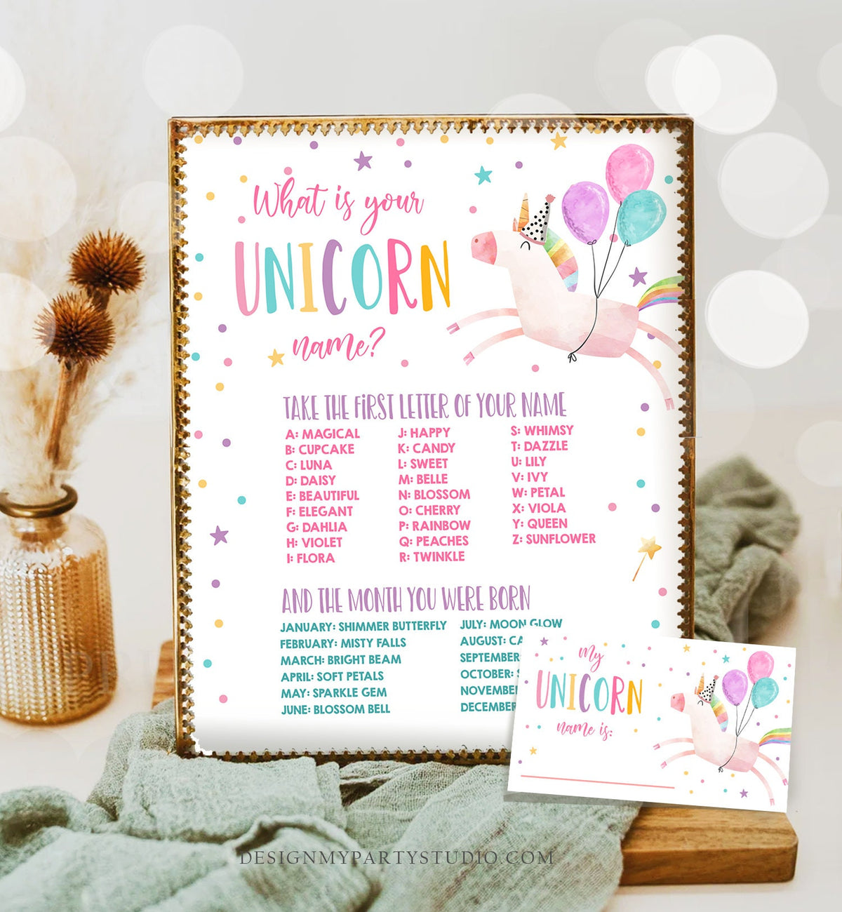 What Is your Unicorn Name Game Unicorn Birthday Game Party Activity Magical Unicorn Rainbow Pastel Girl Digital Download Printable 0336