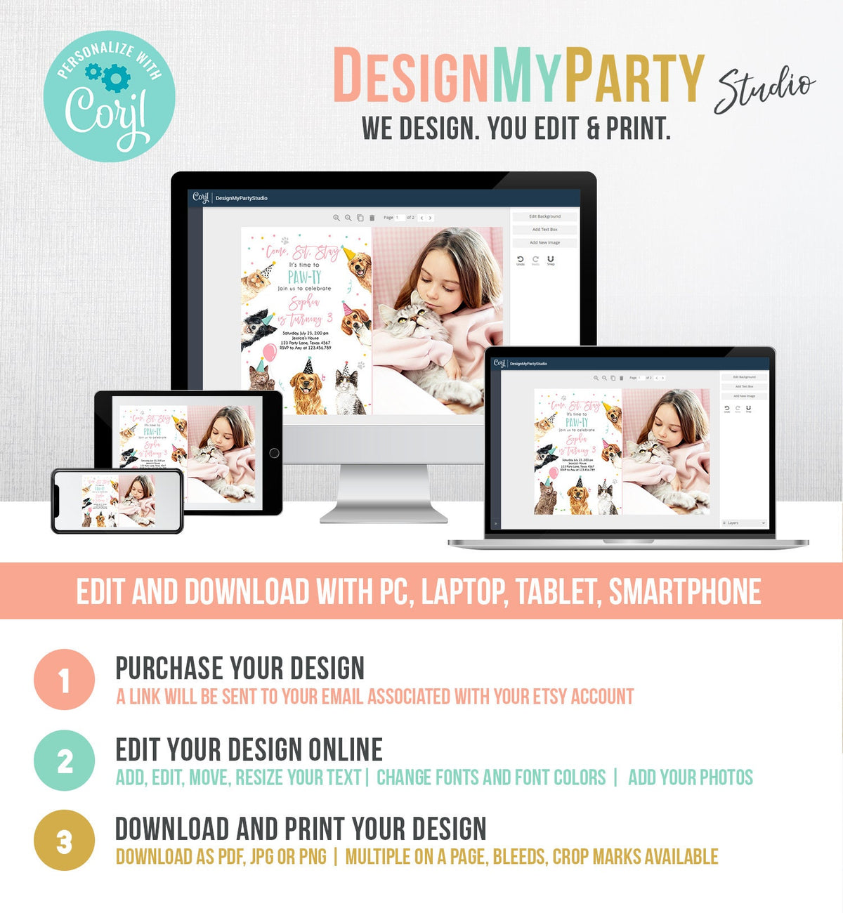 Editable Cats and Dogs Birthday Invitation Cat Dog Birthday Party Invite Girl Kitten Puppy Pawty Digital Download Template Printable 0384