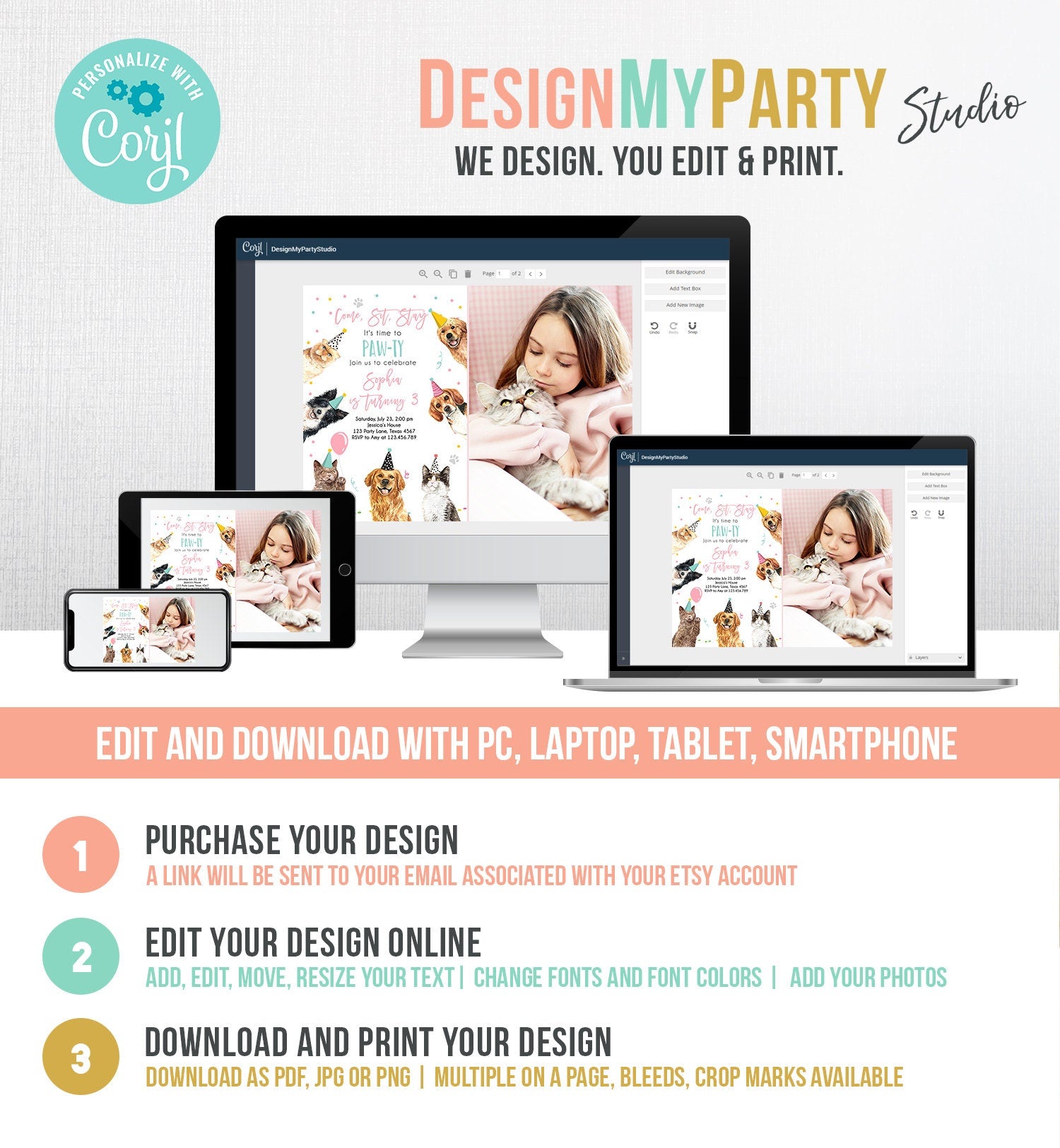 Editable Cats and Dogs Birthday Invitation Cat Dog Birthday Party Invite Girl Kitten Puppy Pawty Digital Download Template Printable 0384