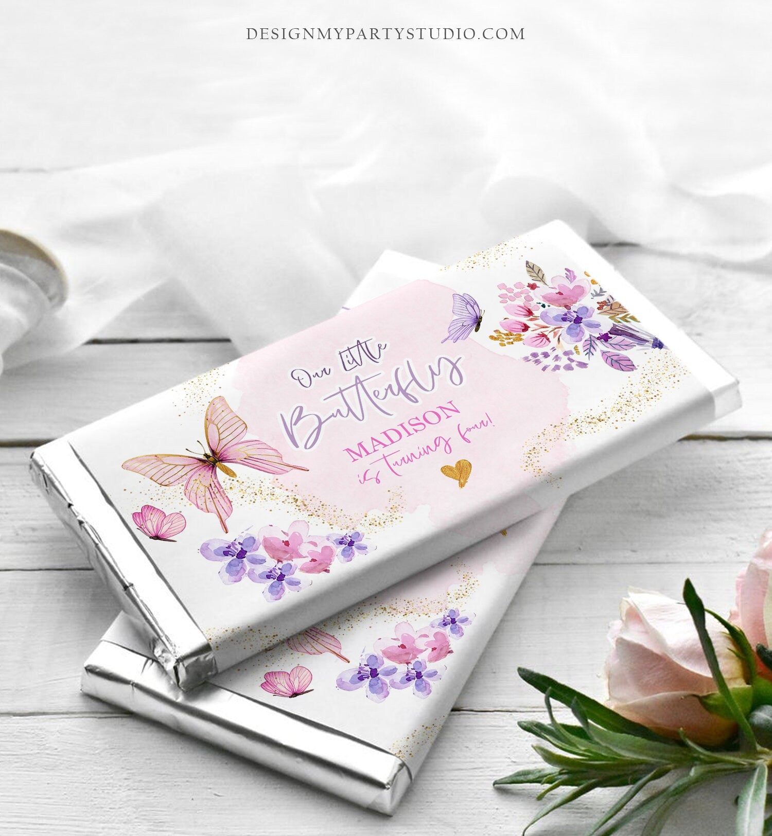 Editable Butterfly Chocolate Bar Labels Candy Bar Wrapper Purple Watercolor Floral Lavender Birthday Download Corjl Template Printable 0437