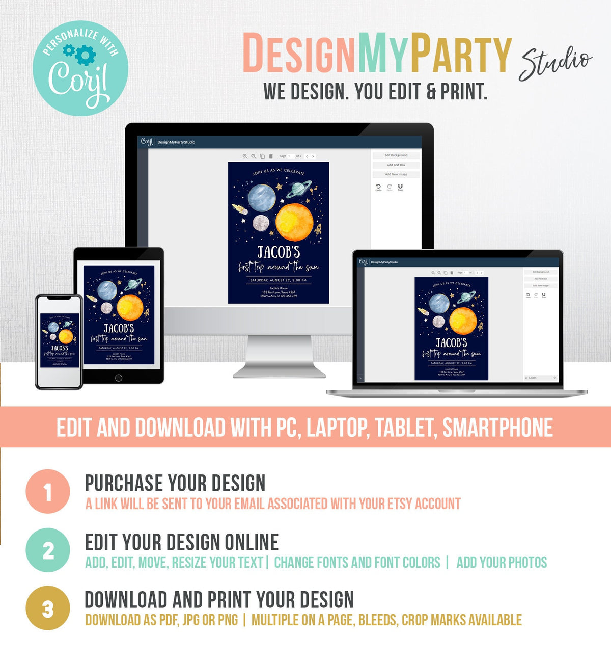 Editable Outer Space First Birthday Invitation Galaxy Blast Off First Trip Around the Sun Digital Download Template Printable 0357