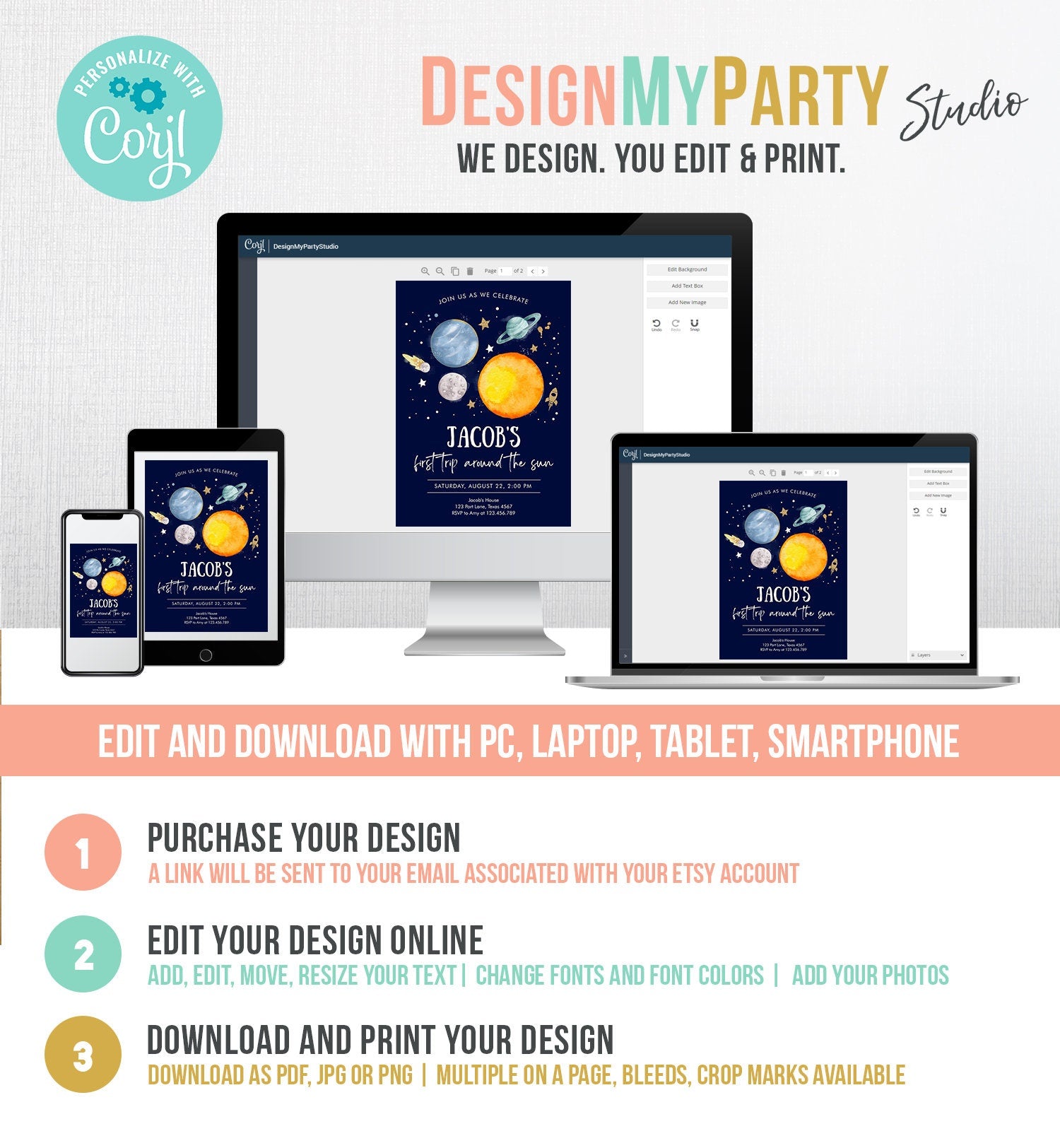 Editable Outer Space First Birthday Invitation Galaxy Blast Off First Trip Around the Sun Digital Download Template Printable 0357