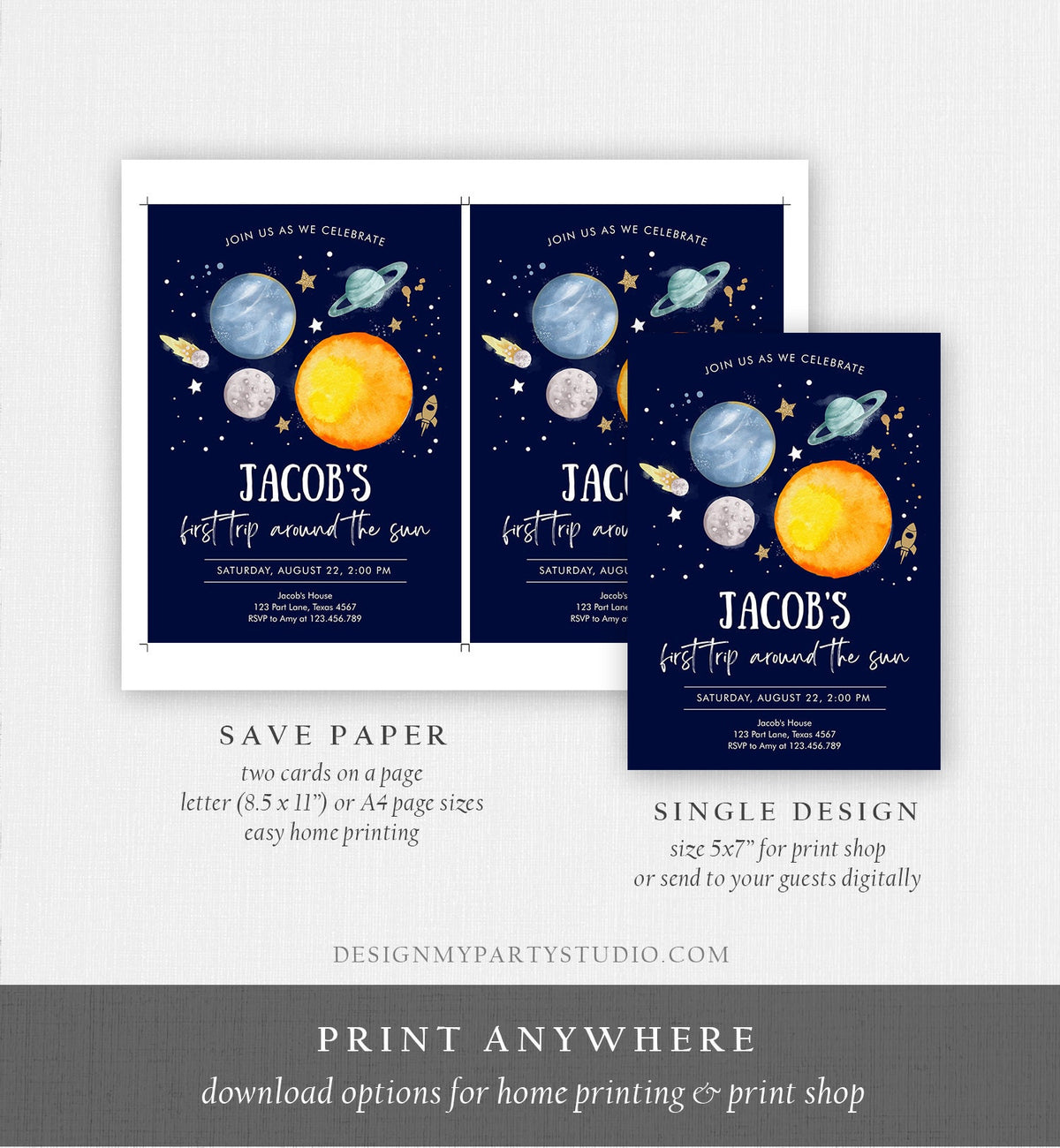 Editable Outer Space First Birthday Invitation Galaxy Blast Off First Trip Around the Sun Digital Download Template Printable 0357
