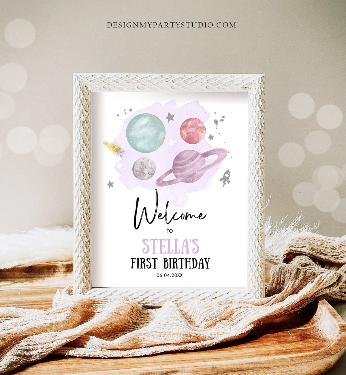 Editable Outer Space Birthday Welcome Sign 1st Birthday Girl Purple Silver Galaxy Planets Around the Sun Digital Template Printable 0357