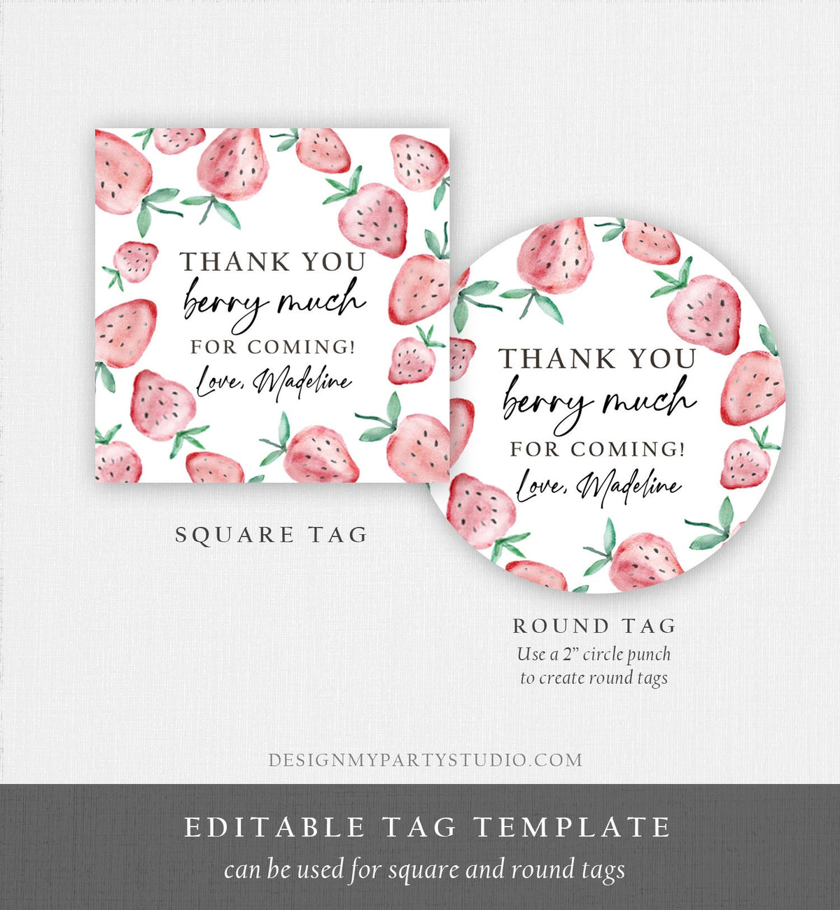 Editable Strawberry Favor Tag Strawberry Birthday Thank You Gift Tag Sticker Label Berry Much Farmers Market Digital Template Printable 0399