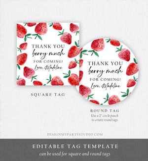Editable Strawberry Favor Tags Strawberry Birthday Thank you Stickers Label Berry Much Gift tag Farmers Market Template PRINTABLE Corjl 0399